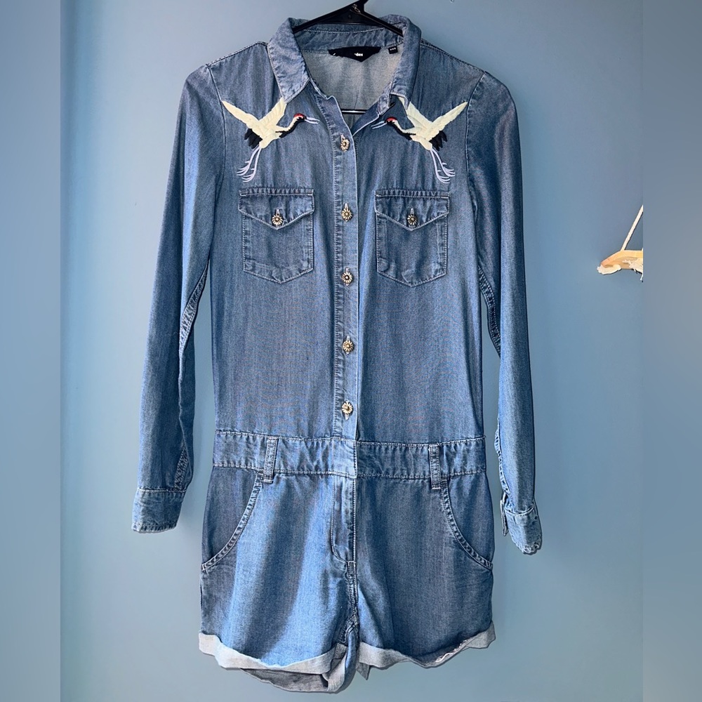 Kooples longsleeve denim jumpsuit women size xxs with embroidered birds